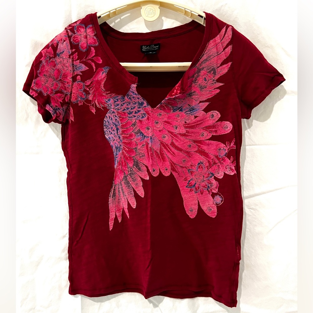 Lucky Brand size M short sleeve burgundy T-shirt with unique phoenix on front